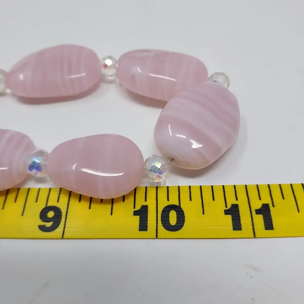 Pink Art Glass Striped Bead Necklace Chunky Heavy 22
